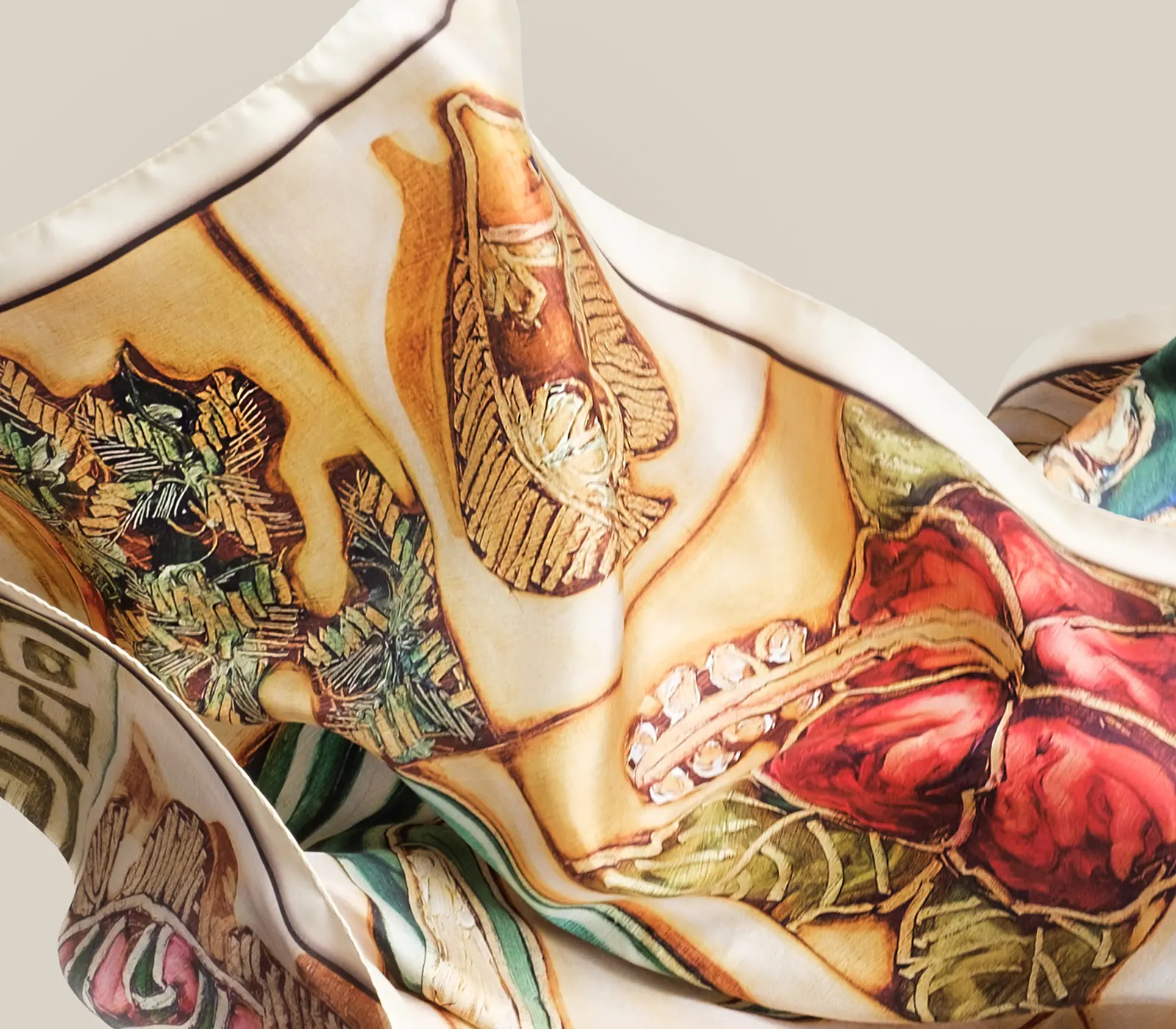 Impression à Lyon sur soie naturelle, roulotté main — Maison Devienne