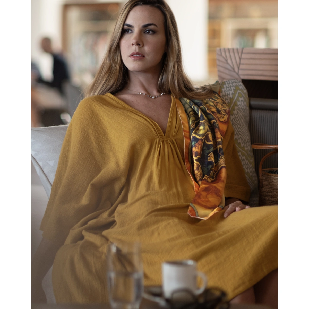 Silk scarf 90 Bora Bora Breeze worn as dress