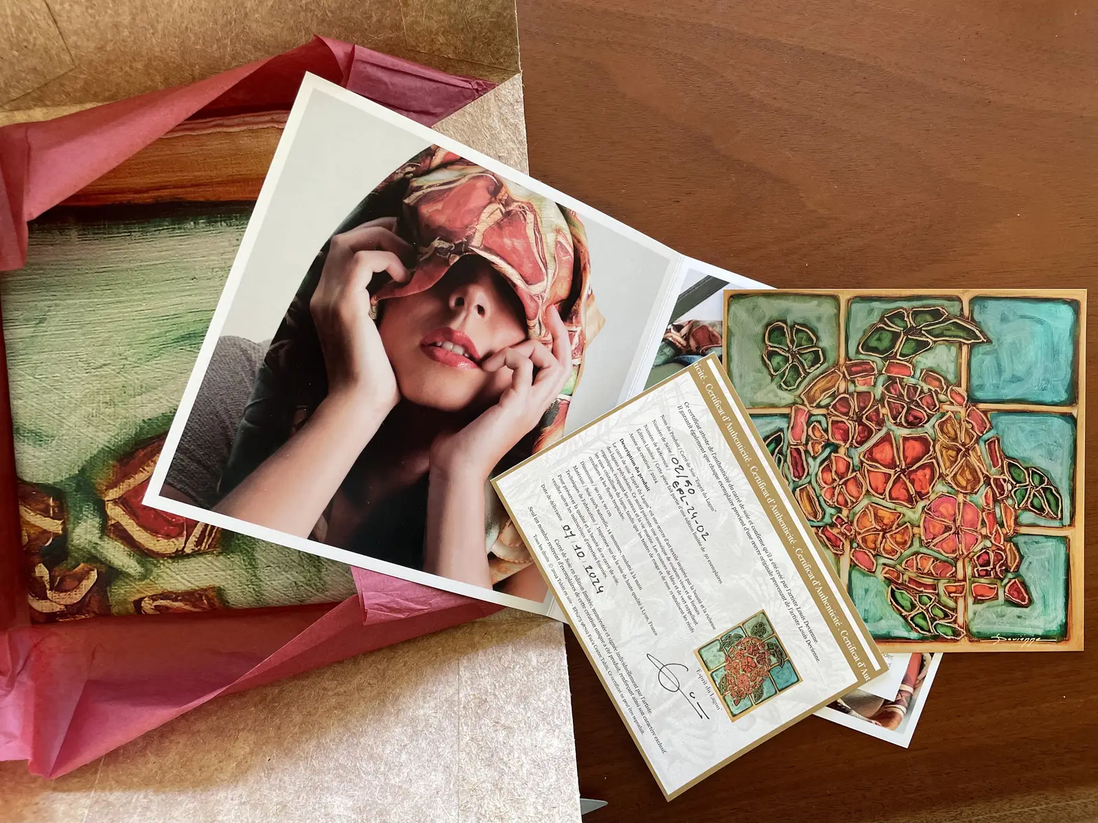 Maison Devienne silk scarf “L’esprit du Lagon” with certificate of authenticity and refined packaging