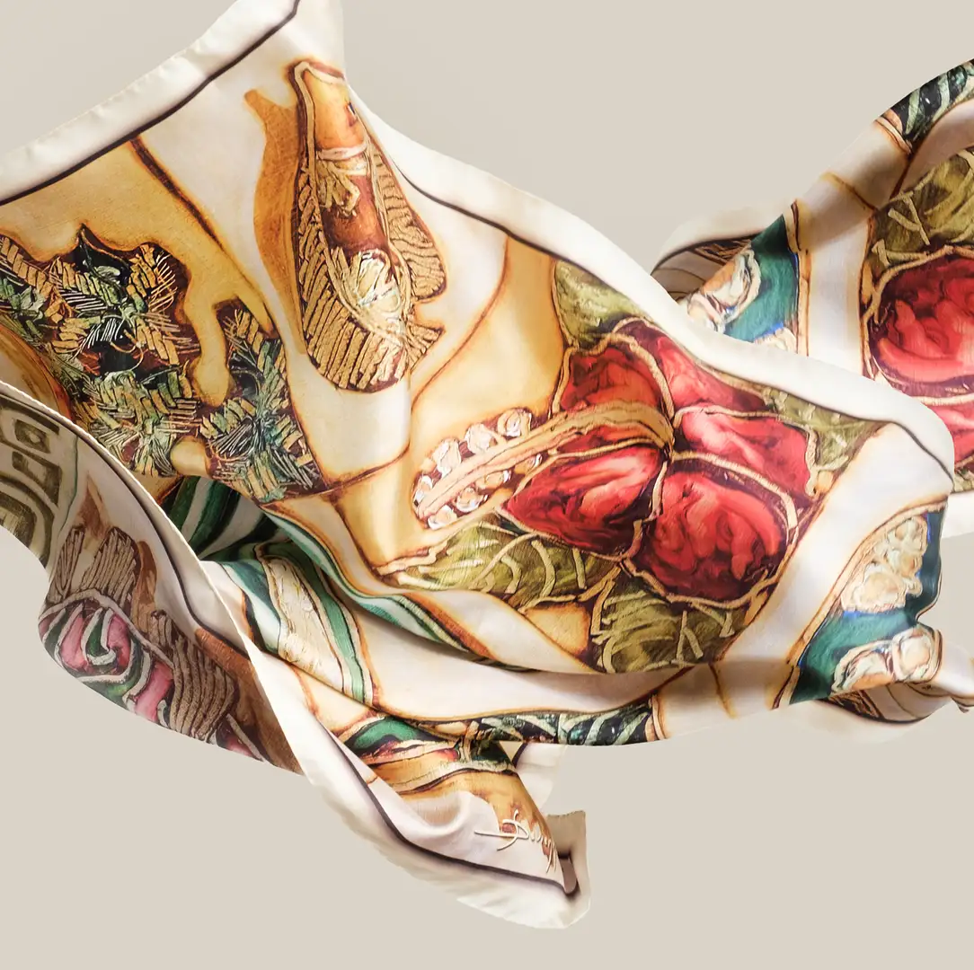 Maison DEVIENNE silk square with Polynesian patterns