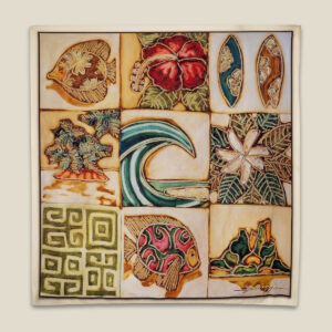 aplat du carré de soie "Eclats de Bora Bora", tahiti, Louis Devienne