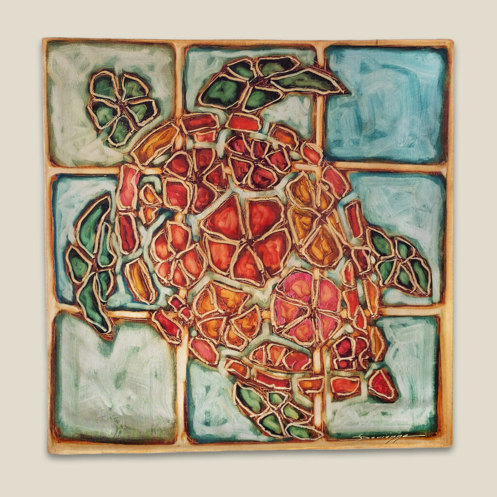 aplat du carré de soie "Esprit du Lagon", tahiti, Louis Devienne