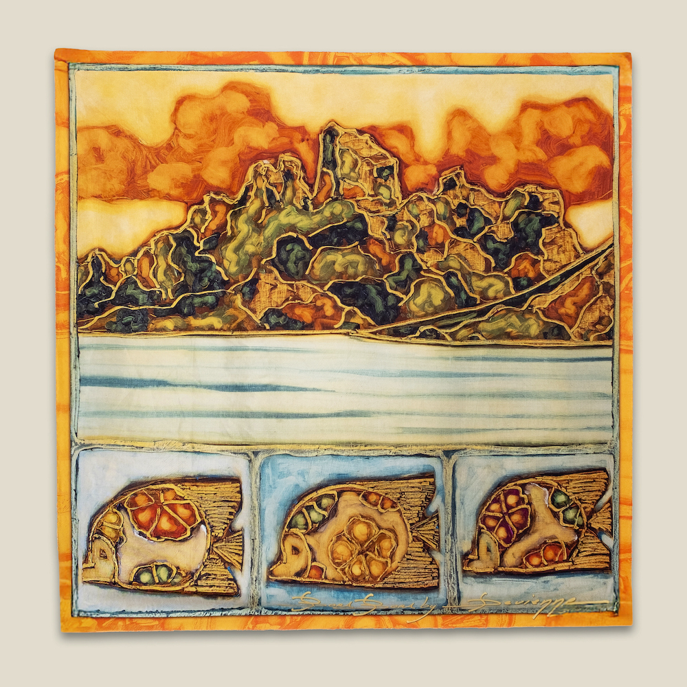 aplat du carré de soie "Le souffle de Bora Bora", tahiti, Louis Devienne