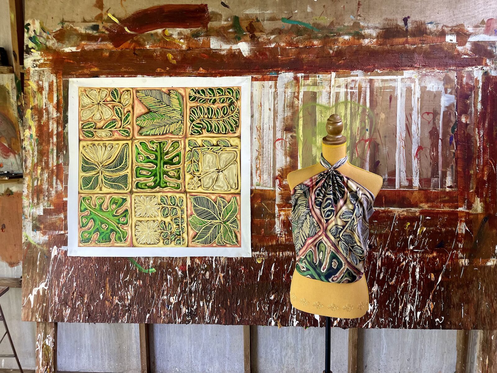 Œuvre Sous la canopée peinte à Tahiti et transposée en carré de soie 90 cm dans l’atelier Maison Devienne