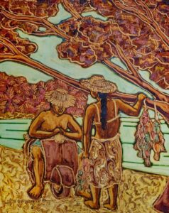 Peinture de deux femmes polynésiennes au bord du lagon avec poissons sous une cocoteraie – Louis Devienne, exposition Tahiti 2026