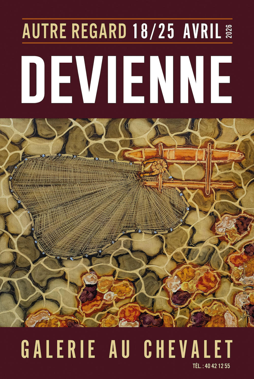Affiche de l'exposition de Louis Devienne 2026: Peinture vue de haut d’un pêcheur avec filet dans le lagon polynésien – Louis Devienne, exposition Tahiti 2026