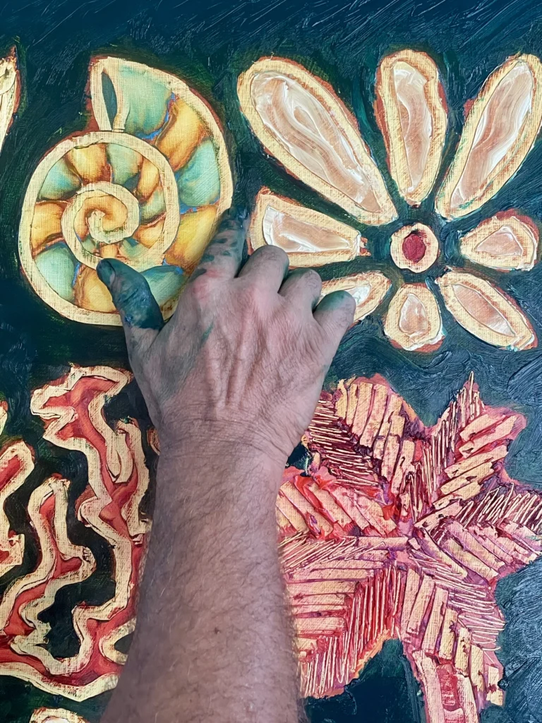 Détail de la matière picturale et des couleurs dans une œuvre de Louis Devienne